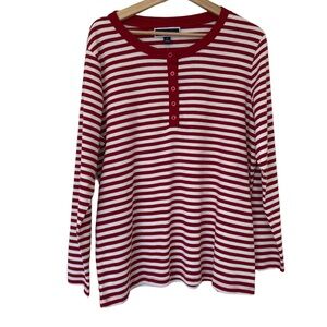 KAREN SCOTT RED/WHITE STRIPED HENLEY STYLE LONG SLEEVED COTTON BLEND TOP, 1X
